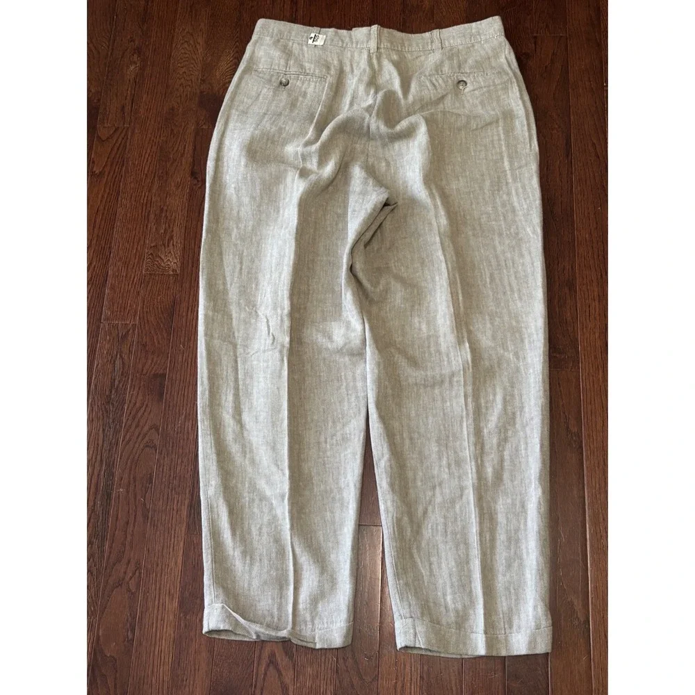 JJ Farmer 32x33 Pleated Cotton Linen Blend Trousers Beige Khaki Cuffed Pants